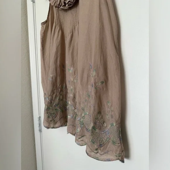 Alberto Makali 100% Silk Embroidered Ruffle Blouse Tan Boho Cottagecore Sz Small - Picture 6 of 6